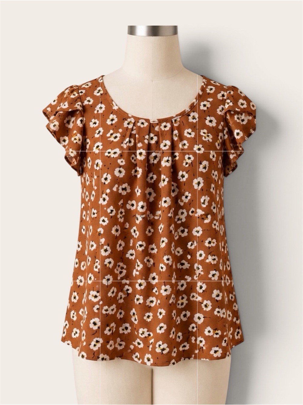 Papermoon Small Rust Floral Flutter Sleeve Pleated Blouse Keyhole Back